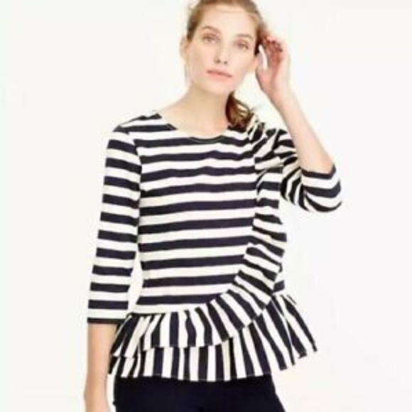NWT J. Crew Asymmetrical Striped Peplum Ruffle Top Small Navy White - Picture 1 of 6